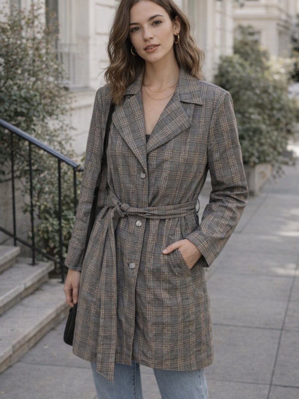 PILCRO Plaid Belted Women’s Trench Jacket - Gray/Taupe